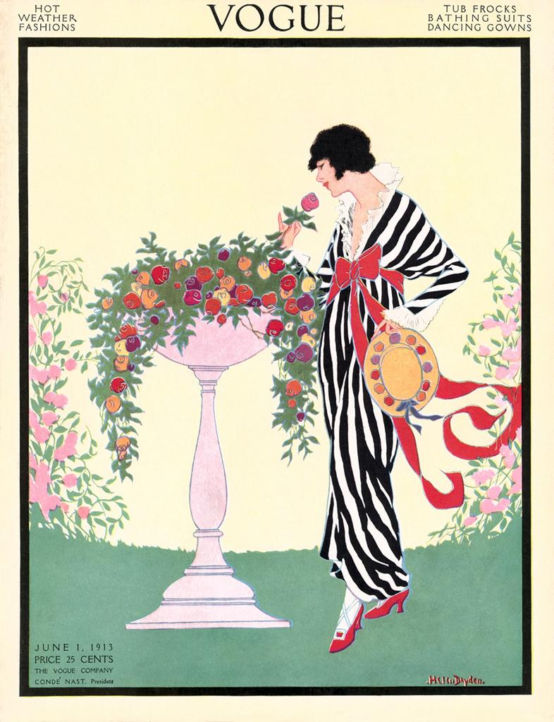 Summer Stripes Week: American illustrator #HelenDryden worked for Vogue for thirteen years. Depicting a fashionable woman in a striped dress smelling garden flowers, this June 1913 cover delightfully evokes summer. #5womenartists #womeninfashion #womeninculture #Publicdomain