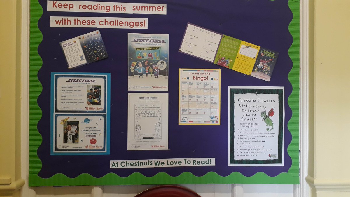@Booktrust @CressidaCowell Thank you - it's on my displays!  @chestnutsLib 
Along with Summer Reading Challenge....
Keep up everything that gets and keeps children loving reading!

@readingagency #SpaceChase #SummerReadingChallenge 

#BookBingo @booksfortopics