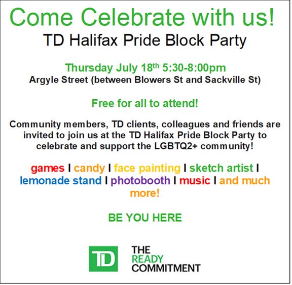 Attention Haligonians! One week countdown is on for @HalifaxPride 2019!!! We hope you can join us for the <a href="/TD_Canada/">TD (Canada)</a> #Pride Block Party happening next Thursday on Argyle Street! <a href="/MikeSavageHFX/">Mike Savage</a> hope you will bring your dance moves again this year! <a href="/halifaxnoise/">halifaxnoise</a>