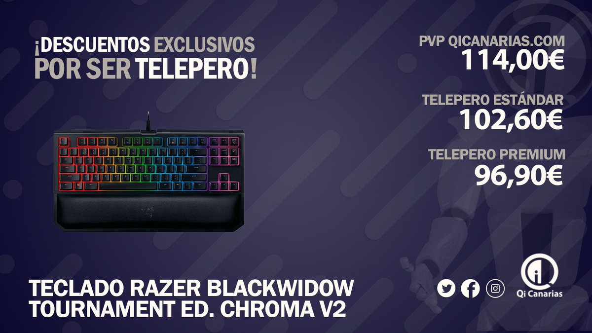 ⚠️Atención Telepero⚠️
Sabes que por ser Telepero tienes precios especiales en 
#QiCanarias desde ya y hasta que finalice #TLP2019 
bit.ly/2LMVvsb
<a href="/QiMetal/">Qi Metal Series</a> <a href="/RazerES/">R Λ Z Ξ R 🇪🇸</a> 
#QiCanarias #QiPuntosdeventa