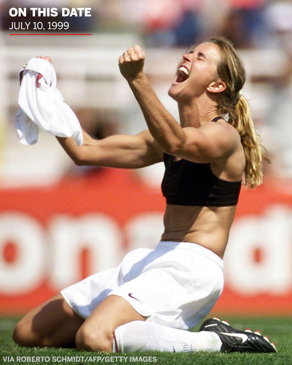 espn's tweet photo. 20 years ago today, Brandi Chastain gave a celebration for the ages when the #USWNT won the 1999 World Cup on penalty kicks 🎉 https://t.co/luIovOrsEq