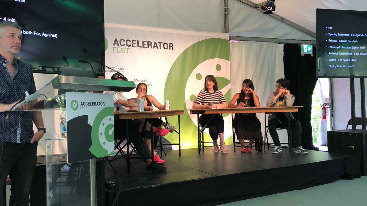 USaskInnovates's tweet photo. Oxford style debate at #AcceleratorFest resolution “Accelerators are bad for startups”. @startupfest Crowd is strongly against the resolution - team FOR has a tough task! https://t.co/A9y7p0msgZ