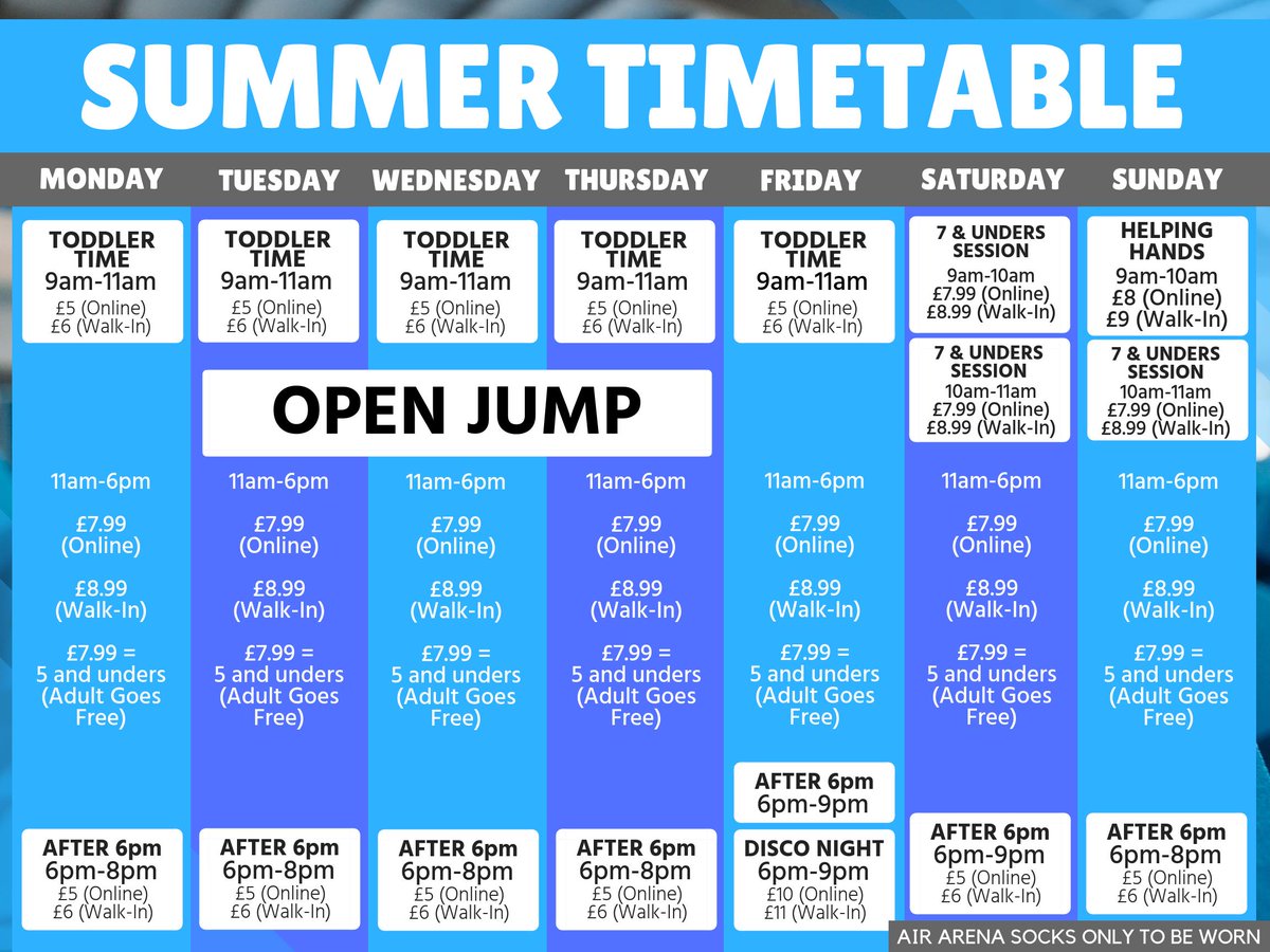 AirArenaChi's tweet photo. Our SUMMER TIMETABLE will run from 22nd July to 30th August! 🌞🗓

#Summer #Chichester #AirArena #Sun #Hot #Bounce #Trampoline #Jump https://t.co/NGn2ejXnbz