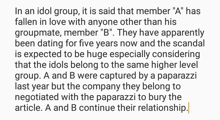 -160425 Additional rumors about the gay idol couple.In an idol group, it is said that member "A" has fallen in love with anyone other than his groupmate, member "B"... #MGMAVOTE  #EXO  @weareoneEXO