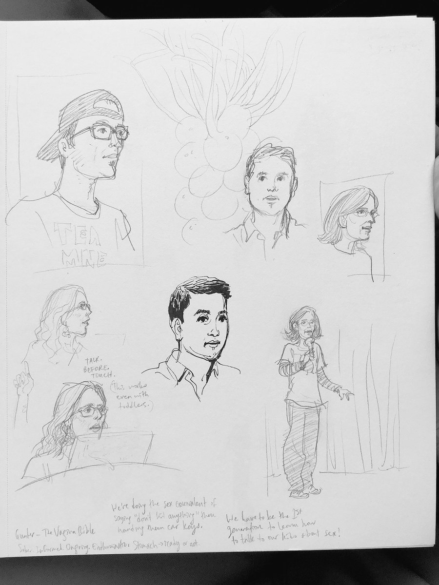 garethhinds's tweet image. Sketches from #nErDCampMI day one - @colbysharp @CeceBellBooks @bottomshelfbks @halseanderson #lifedrawing #sketches #authors #representation #kidlit #talkbeforetouch #consent #shout #eldeafo #drawntogether