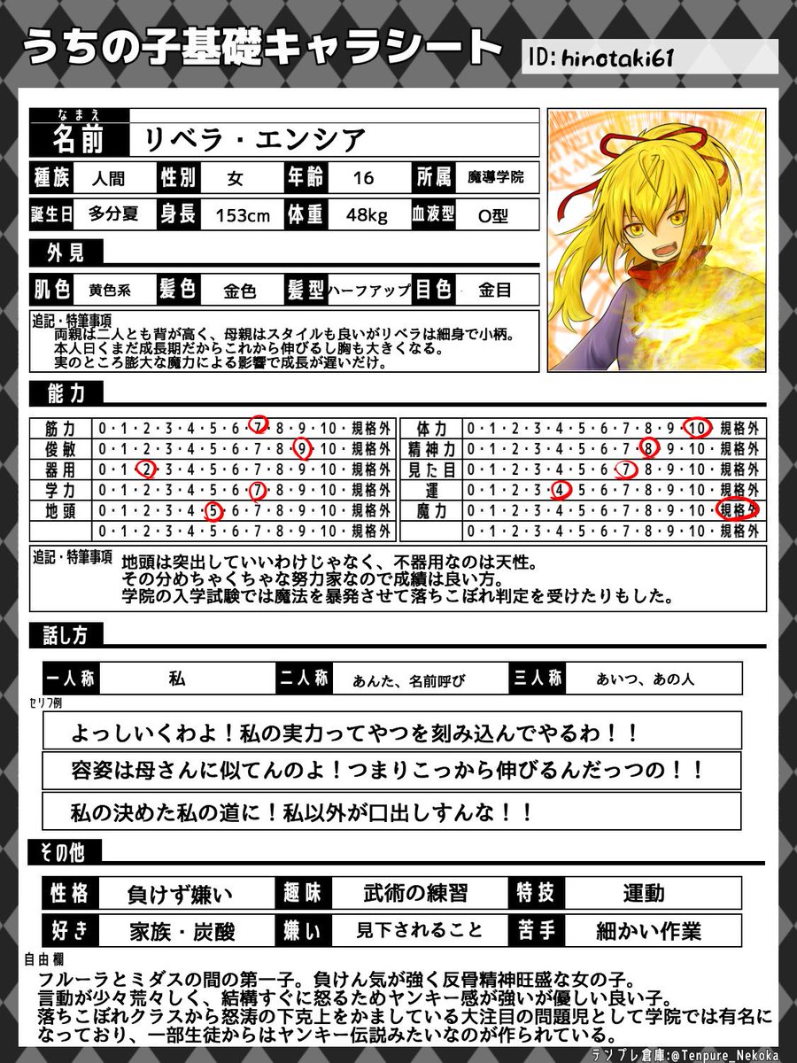 火乃焚 テンプレをお借りしました ゼパルが規格外枠に行きまくるの何 うちの子基礎キャラシート