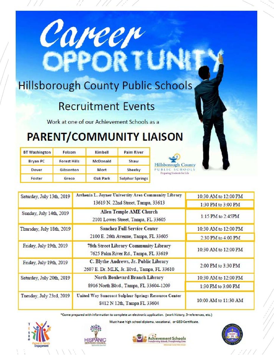 TransformHCPS's tweet photo. HIRING: PARENT/COMMUNITY LIAISONS! 
Join us at these upcoming recruitment events &amp; learn more about how you can help @AchievementSch empower parents, bridge communication between schools/home &amp; support students’ academic/social success! 
https://t.co/lLY1lMApY7 @HillsboroughSch https://t.co/S849tH12qt