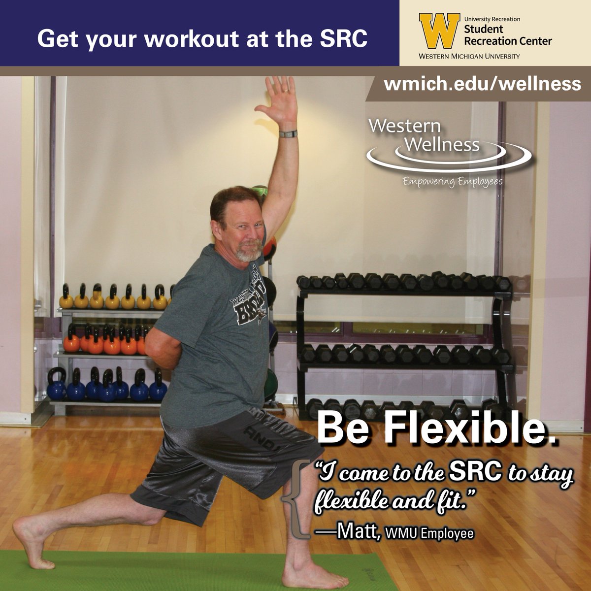 wmureccenter's tweet photo. Meet this week’s Wellness Rockstar, Matt, a painter/glazier in Maintenance Services at Facilities Management. Matt keeps his back strong when working on projects on campus by staying flexible and fit with yoga at lunchtime. #WMUEmployeeWellness, #WMUfitsquad, #WMUWesternWellness https://t.co/m2ijaH2Cvx