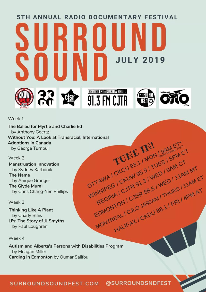SurroundSndFest's tweet photo. Week 2 of the Surround Sound Radio Documentary Festival continues! Today's airing times are as follows:

- 9am CT in #Regina on @CJTR_Radio 91.3fm or online at https://t.co/hyX6F2Z9Te

- 11am MT in #Edmonton on @CJSR  88.5fm or online at https://t.co/laZ6gm6EaF

#ssrf2019 #radio https://t.co/ret2gBWXx7