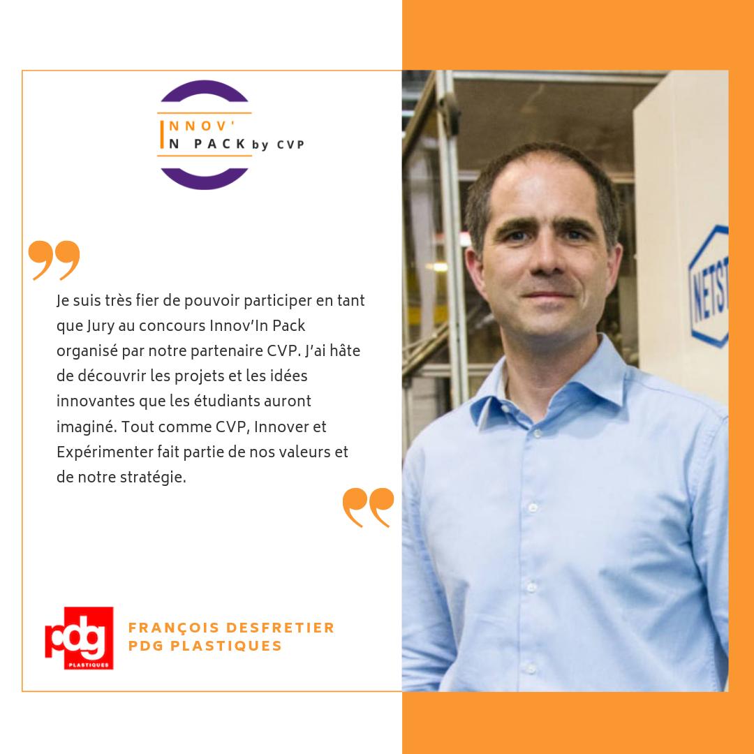 /JURY/  4ème membre du jury pour le concours #InnovInPack : François Desfretier, dirigeant de PDG Plastiques.

Vous pouvez pré-inscrire votre équipe ici : innov-in-pack.com/pre-inscriptio…

Lancement du #concours le 1er octobre ! 
Créons ensemble le #packaging de demain 💡 
#innovation