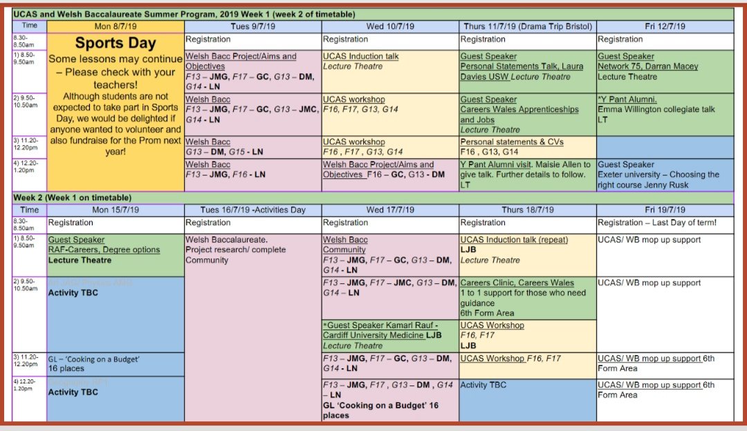 UCAS and Welshbacc 2 week timetable
