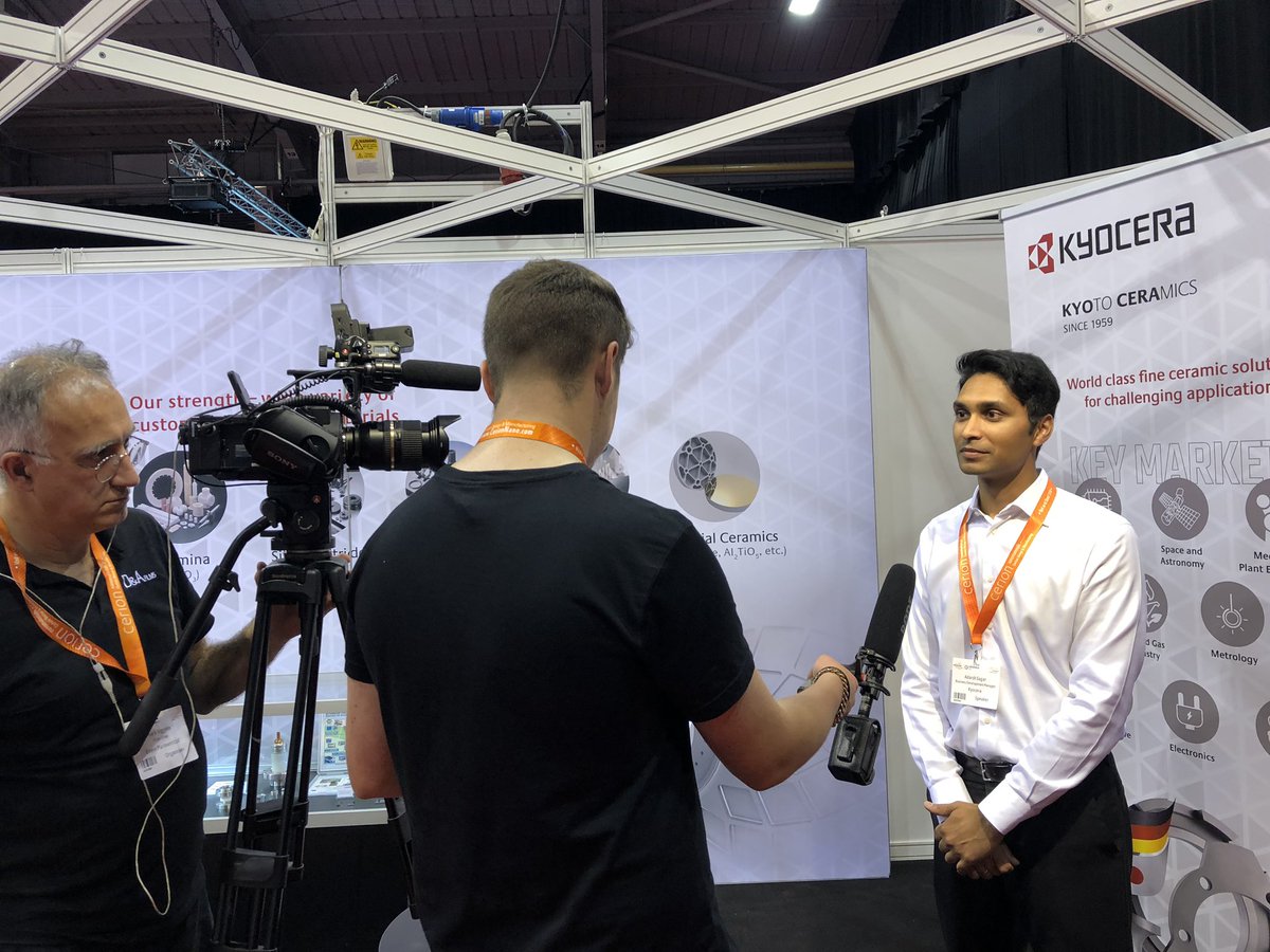 CeramicsShow's tweet photo. Here’s one of our conference speakers Adarsh Sagar from Kyocera being interviewed on the @KYOCERA_EU stand 1506. #CUK19 #AMS19 https://t.co/w2Bf4NHlLz