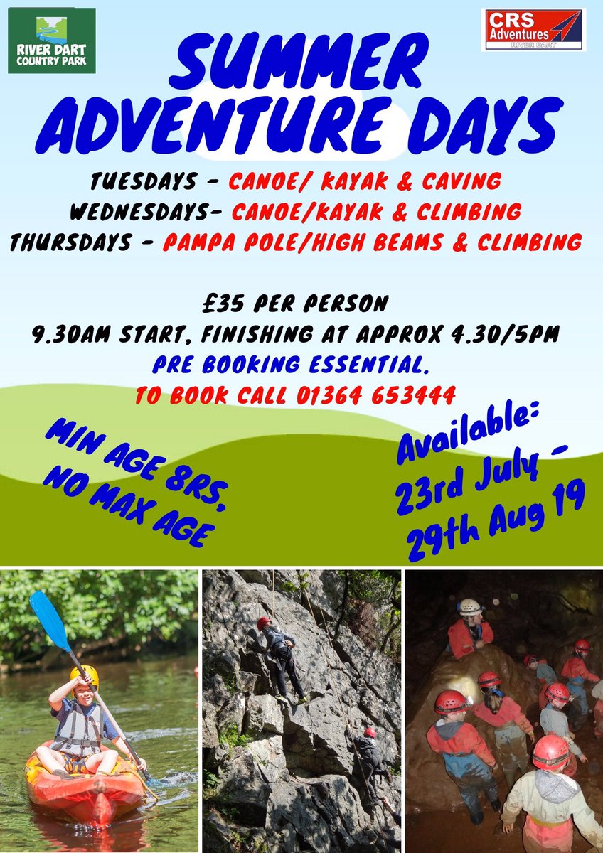 Our Summer Adventure Days are starting 23rd July &amp; run every Tue, Wed &amp; Thur to 29th Aug! They are booking fast so get yourselves booked to avoid disappointment! For availability call 01364 653444 <a href="/RiverDartCP/">River Dart Country Park</a>  #visitdartmoor #devonholidays #schoolholidayactivities #activitydays