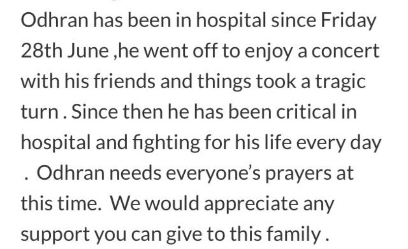 Odhran is a grandson of Kevin Hearty RIP, former stalwart of our club. We’re having a short prayer vigil tonight at the club at 9pm. Please spread the word.