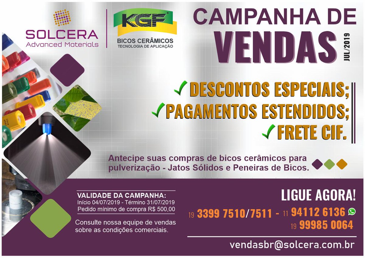 APROVEITE! 
Antecipe suas compras de bicos cerâmicos para pulverização - Jatos Sólidos e Peneiras de Bicos.