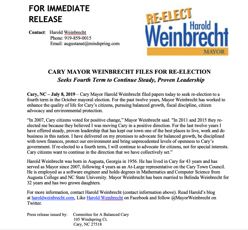 Pleased to announce my candidacy to continue to be your Cary Mayor.  #CaryNC