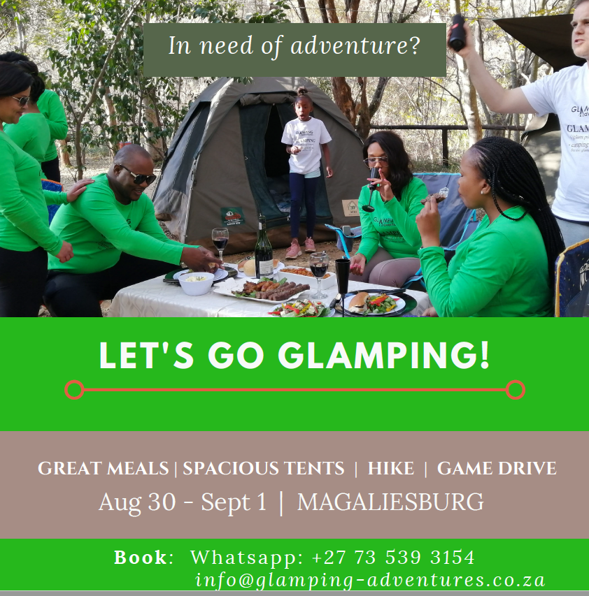GlampingZA's tweet photo. #IfBafanaBeatsNigeriaIWill offer a lucky couple who will retweet this a free #glamping weekend away we will have August 30 - Sept 1 in Magaliesburg. It will be lit that weekend. Camping in style. Get in touch for full info. R1999, whole weekend, meals, adventure activities. https://t.co/ogaMfqnSIG