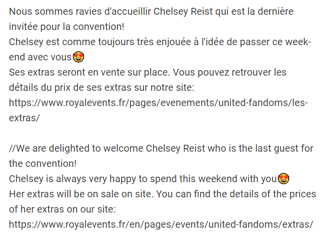 Reunited_Events's tweet photo. #UnitedFandoms Chelsey Reist est la dernière invitée! 🎉
//Chelsey Reist is the last guest! 😍 https://t.co/nw5XMvO0BL