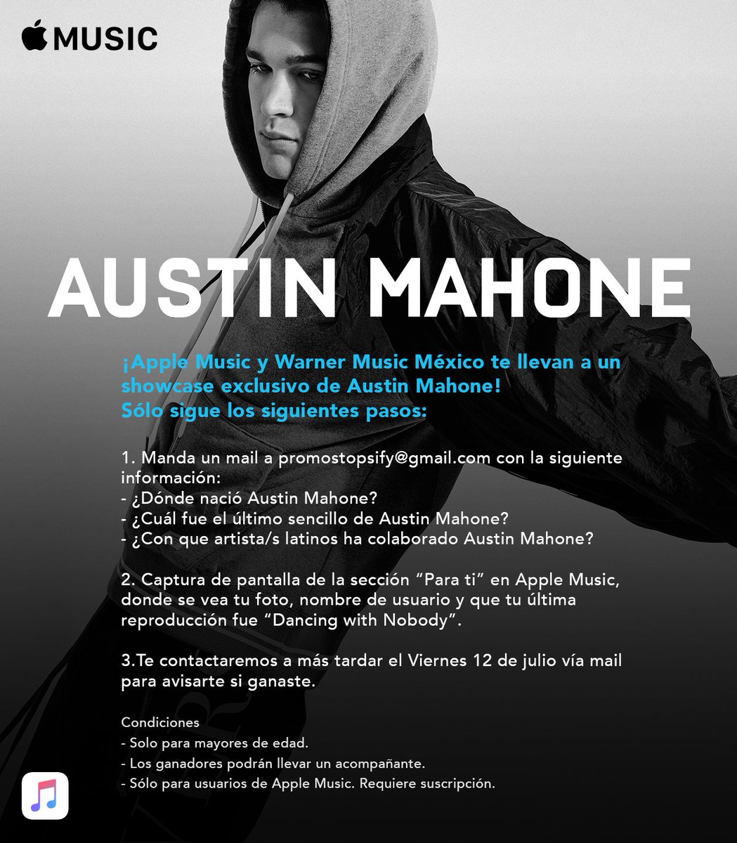 warnermusicmex's tweet photo. En unos días tendremos a @AustinMahone en México y junto a @AppleMusicES queremos invitarlos a un exclusivo Showcase 😬😍 Checa las bases para ganar 👇👀 https://t.co/tXOD7Tfwzi