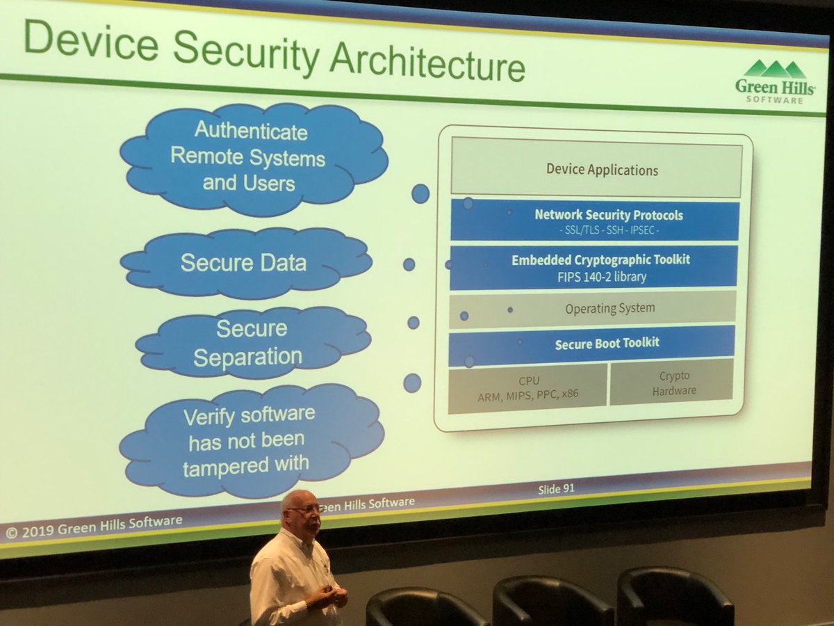⁦@UKAESIN⁩ Automotive Security Conference today. Chris Tubbs ⁦<a href="/GreenHillsSoft/">Green Hills Software</a>⁩ “mass production = mass disruption” or worse! The downside of re-using software at scale