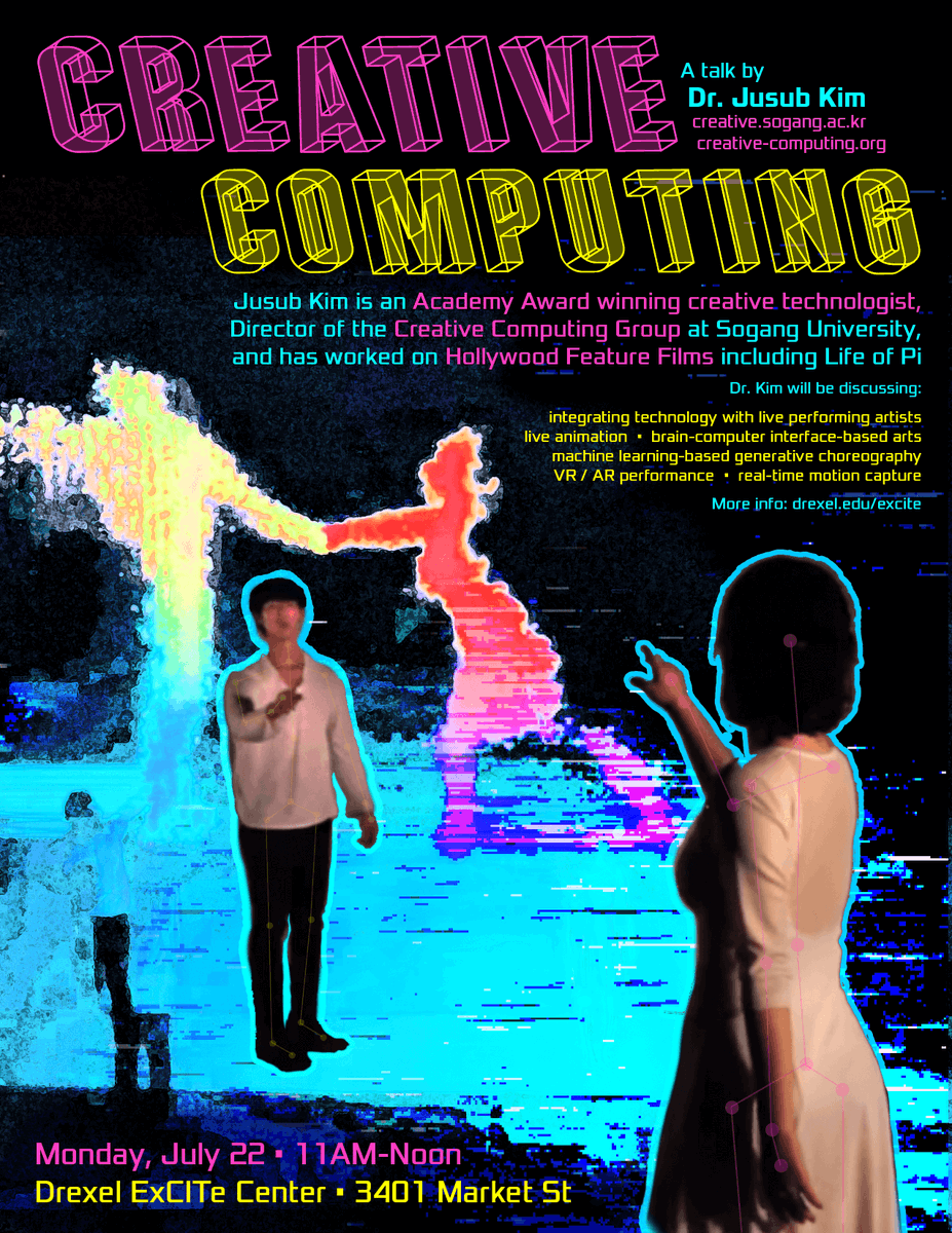 excitecenter's tweet image. CREATIVE COMPUTING: A Talk by Dr. Jusub Kim - Academy Award winning creative technologist &amp;amp; director of the Creative Computing Group at Sogang University in South Korea. Join us!

ExCITe Center on Monday, July 22nd @ 11 AM. @egsdrexel @uCitySquare @DrexelNow