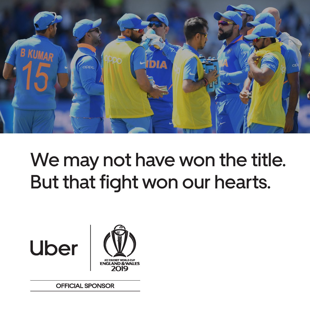 Uber_India's tweet photo. Not the destination we hoped for, doesn't mean the ride wasn't an outstanding one! A big shout out to the #MenInBlue for that brilliant effort. #MovingFansForward #CWC19 #IndvNZ @ICC https://t.co/B8HBE92gZN