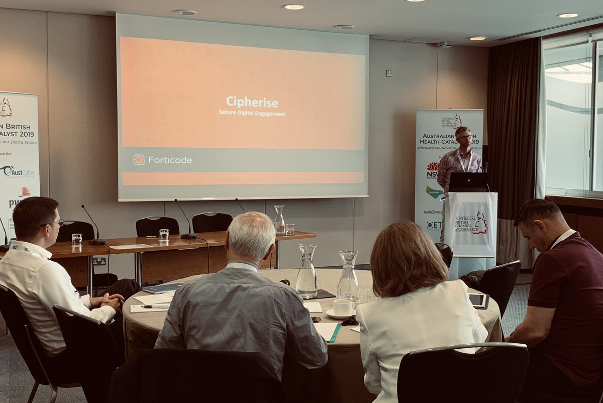 AustCyber's tweet photo. Meanwhile in 🇬🇧, David Dalton from 🇦🇺 #ozcyber company @forticode is presenting Cipherise to #ABHC2019 and how it helps resolve mutual authentication challenges in #healthcare and the end to end of social care #OzCyberinUK2019 #gameon https://t.co/JFsQvARfc8