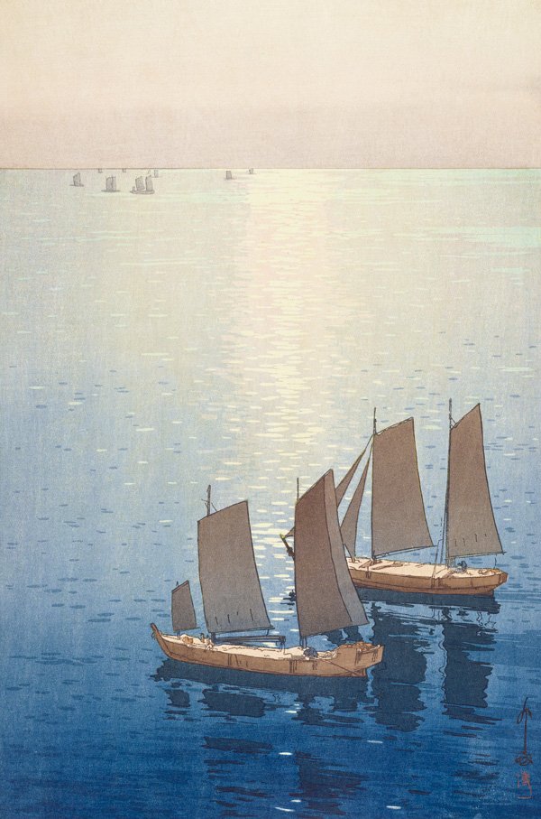 瀬戸内海集　光る海　　大正15年（1926）
吉田博の代表作の木版画の一つ。瀬戸内海を進む様子を描いた。