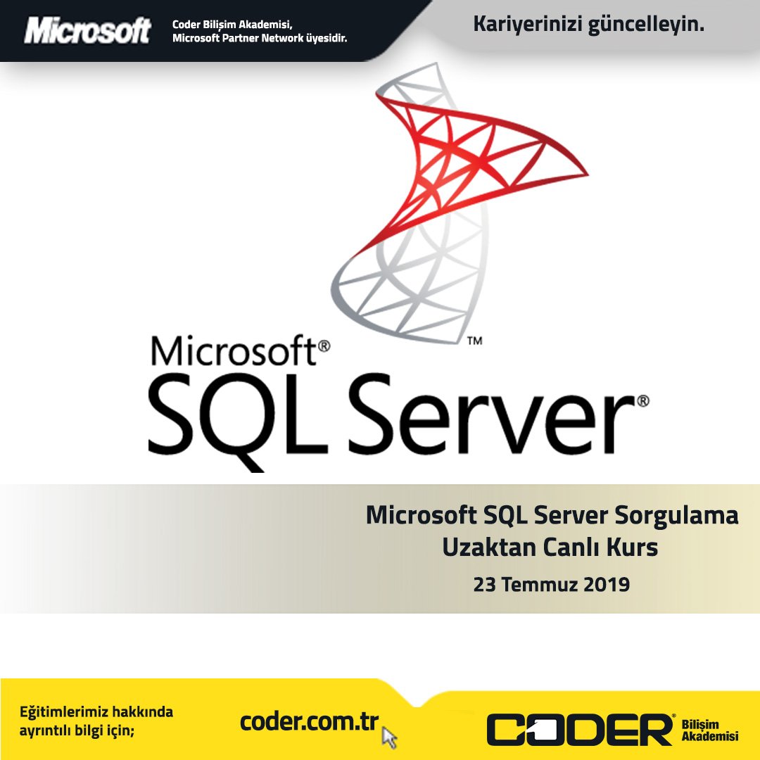 Microsoft SQL Server Sorgulama kursumuzda son kontenjanlar! 
Detaylı bilgi için; coder.com.tr veya 08505324449
#sql #SQLServer #microsoftsqlserver #uzaktancanlıegitim #coderakademi