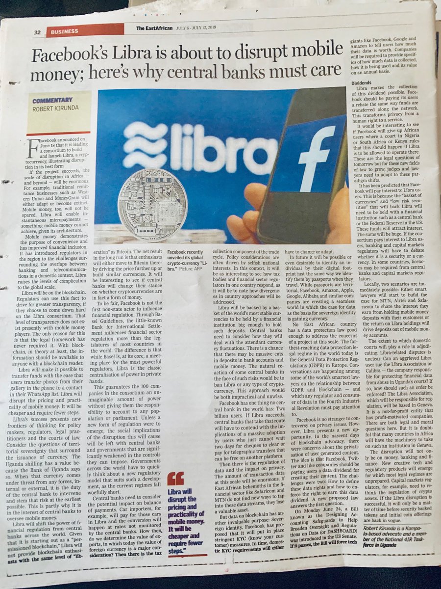 So, for those who would like to know my initial thoughts on Facebook’s Libra, grab the current issue of ⁦<a href="/The_EastAfrican/">The EastAfrican</a>⁩ ⁦<a href="/noryo/">ますあ</a>⁩ ⁦<a href="/KwameRugunda/">Kwame Rugunda</a>⁩ ⁦<a href="/CryptoSavannah/">CryptoSavannah</a>⁩