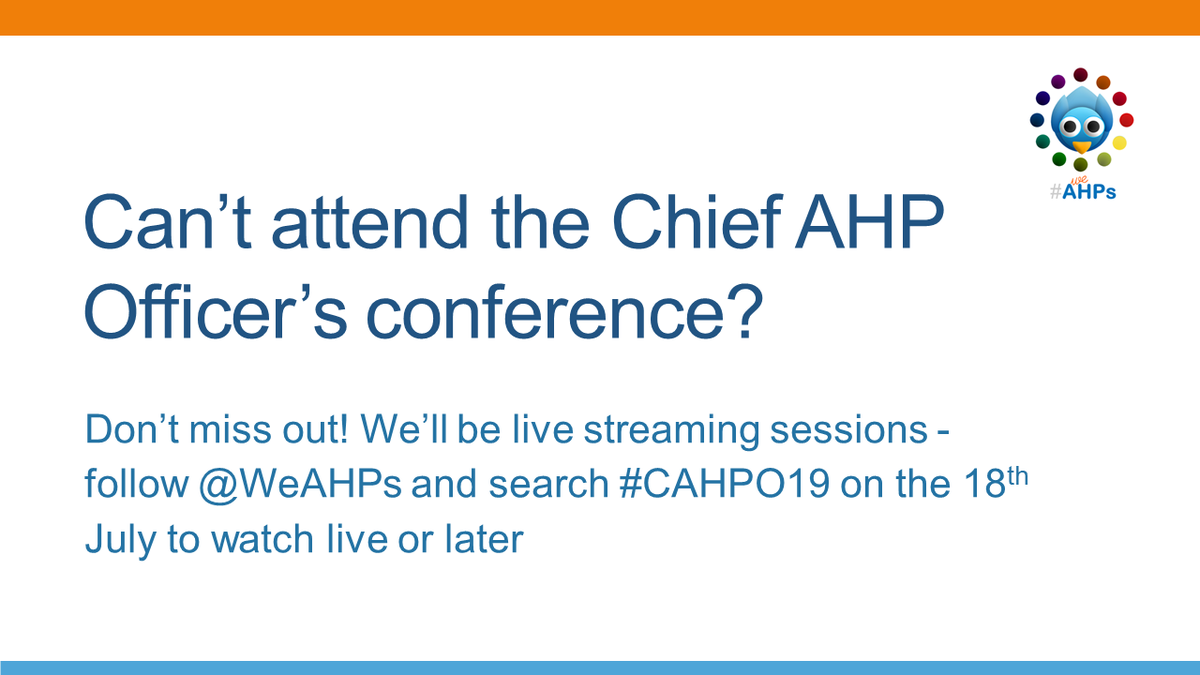 Can't make #CAHPO19 conference next week? Fear not! You can join via twitter, where we'll be streaming many of the plenary sessions to watch live or afterwards, there'll be lots of tweeting too #AHPsIntoAction