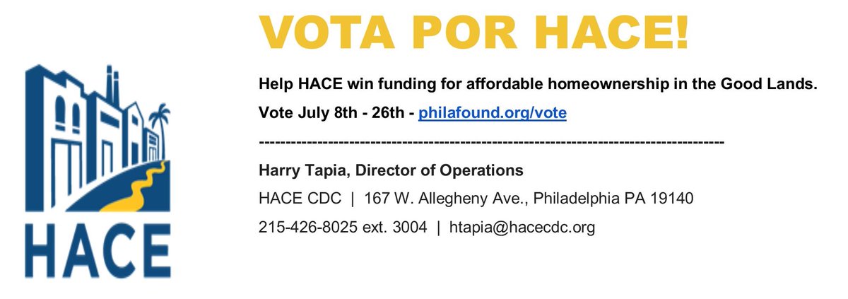 HACE is a finalist in the Philadelphia Foundation's Key to Community Grant Competition - and we need YOUR vote  to bring critical funding to our community in order to:
•Prevent Displacement
•Build Community Wealth
•Decrease Vacancy &amp; Blight
•Ensure Long-Term Affordability