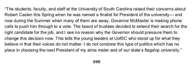 Another State Senator weighs in on the #UofSC board of trustees vote on Robert Caslen. <a href="/KarlAllenSC/">Sen. Karl Allen</a> released the following statement: