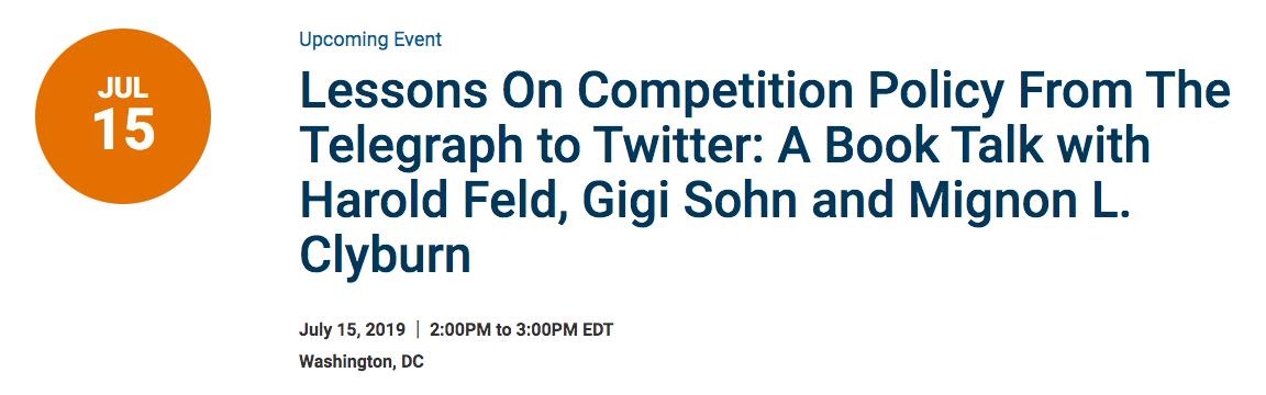 Next Monday at 2pm! Join @haroldfeld, @gigibsohn, @MignonClyburn, @KarenKornbluh and more at @gmfus to discuss 'Lessons On Competition Policy From The Telegraph to Twitter' --> gmfus.org/events/lessons… #DigitalPlatformAct #DigitalDemocracy #CompetitionPolicy