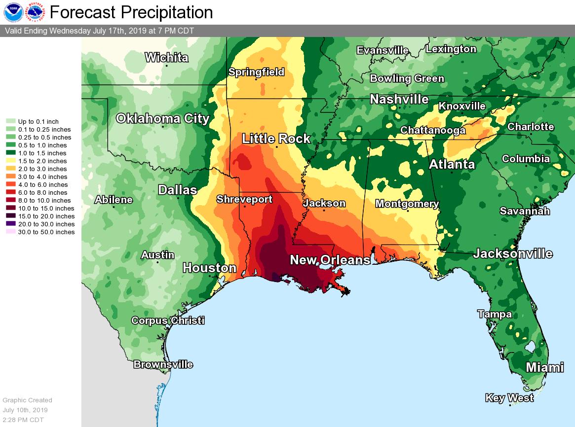 Forecast rainfall over the next 7 days shows the potential for more than a foot of rain in the Gulf Coast states.