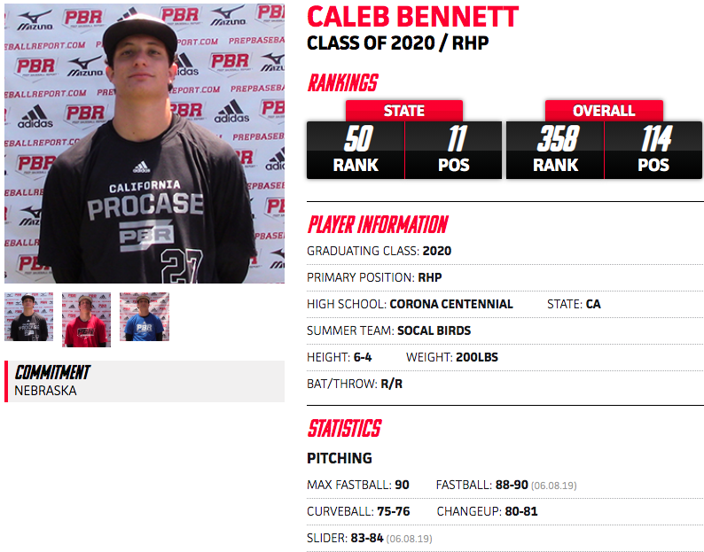 PrepBaseballCA's tweet photo. Today in our #ProCaseSpotlight series is RHP Caleb Bennett (@Calebbennett_12) of @Cen10_baseball and a @Husker_Baseball commit. Big time power arm with a wipe out slider whose future may be on the back end of a bullpen one day. 

LINK: https://t.co/1uUpnQKNoz

#ShapeTheState https://t.co/YvxnyNVWnB