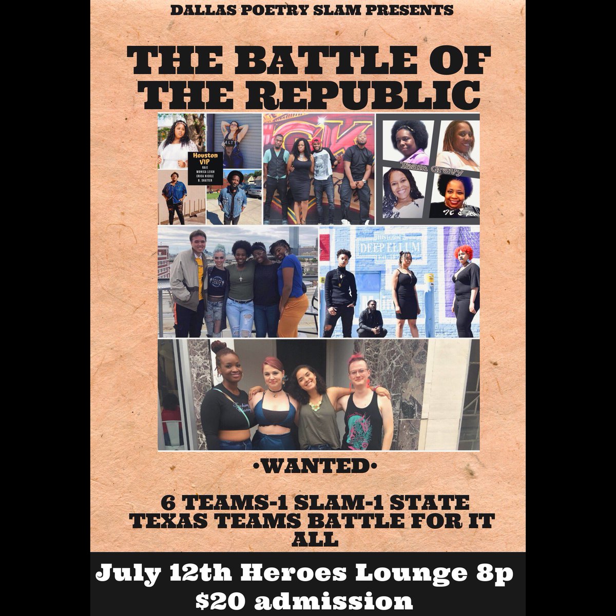 Are you in #Dallas? If so, then cancel your Friday night plans because nothing is as good as the show you're gonna get at Dallas Poetry Slam! 6 Texas teams battle for it all!! This event is brought to you by our #crush Candy. 
#WritersCrushWednesday
#WCW
#DUHHH
#PocketFullaPoems