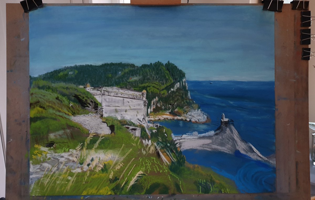 Kapitein_Frank's tweet photo. A good start, first draft, Castello #Doria and Church of St. Peter #Portovenere, Pastel chalk on layer of Cork. View from the slope of #Monte #Muzzerone https://t.co/vgIr1e8R5y