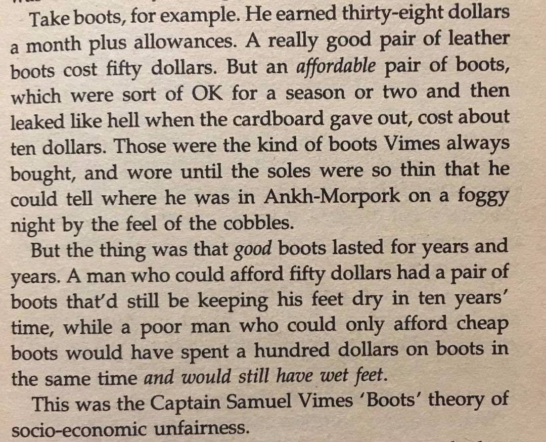 Kirsty Blackman on Twitter: "Captain Vimes' Boots Theory of socio-economic unfairness. Pratchett at his very best.… "