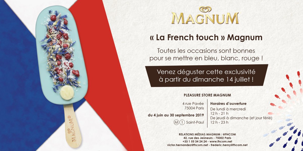 FHCOM's tweet photo. "La french touch" #Magnum. Venez découvrir au #pleasurestore la nouveauté bleu, blanc, rouge disponible dès le #14juillet @Magnum_France #icecream #neverstopplaying #glace #laviecommeunjeu https://t.co/tVsl0Tzd8D