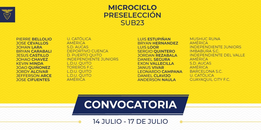 ¡Un nuevo microciclo #Sub23 se avecina! Incluirá un comprobatorio vs Club Águilas en Sto. Domingo @Lima2019Juegos #Vamospormás ⚽️🇪🇨