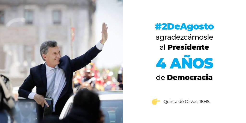 cambiemos2021's tweet photo. #FelizMiercoles
#2deagosto reconocimiento al Presidente @mauriciomacri por 4 años de Democracia Republicana será en la Quinta de Olivos a partir de las 18hs.
#2AYOVOY
RT https://t.co/SakghWnJES