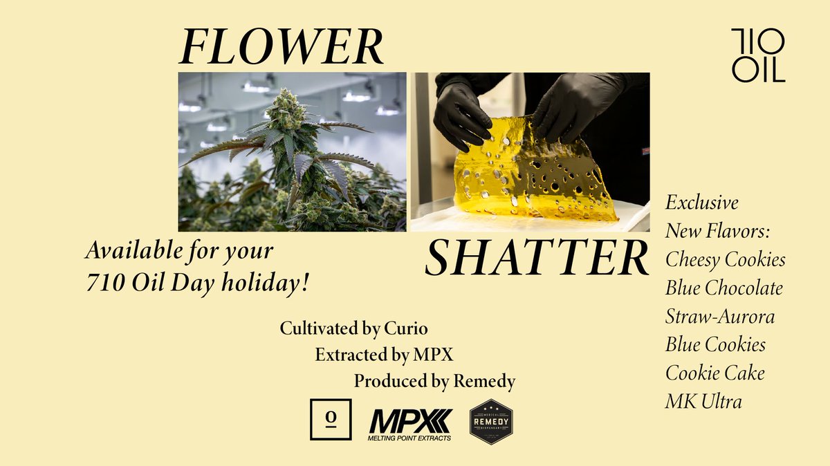 curiowellness's tweet photo. Cultivated by Curio. Extracted by MPX. Produced by @remedycolumbia. This 7.10, we bring #medicalcannabis patients a new #shatter - a high potency #hash oil that is pressed into a thin, translucent sheet. #710Curio #710 #cannabis #MpxBioceutical CC: @CanadianBioCorp https://t.co/87t9QTiPg4