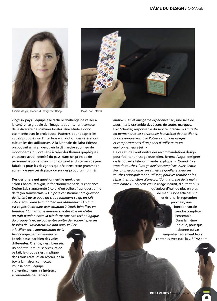 Benoitpernin's tweet photo. [A lire] Dans le numéro 200 collector d’ @IntramurosMag « Les designers inventent le futur » ➡️ l’UX Design vu par @orange  ➡️ Design industriel, digital et conversationnel : À l’Experience Design Lab, le présent se conjugue au futur #design #Innovations https://t.co/me6sJQCLnD