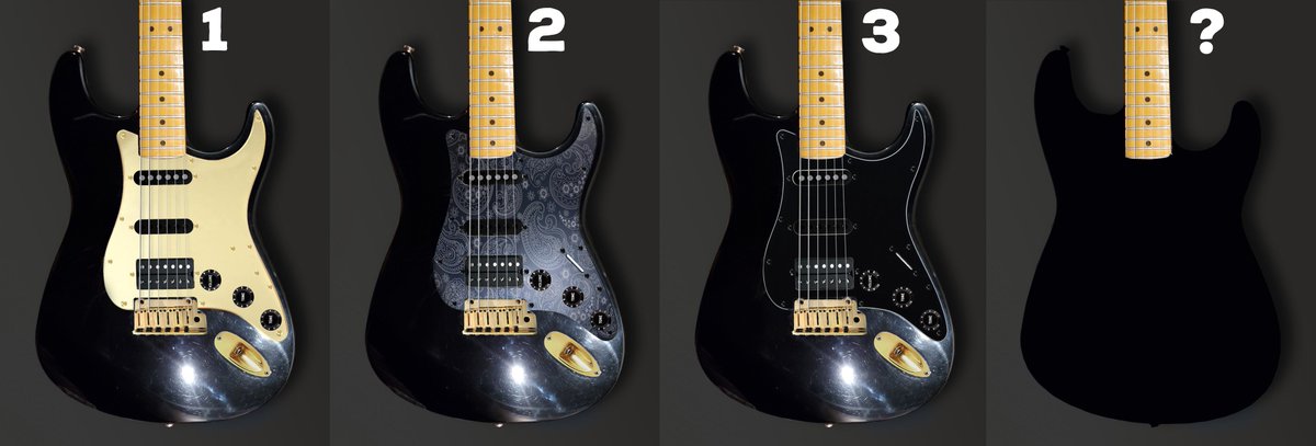 SemanticSat's tweet photo. Once again, I've successfully situated myself in this unhealthy predicament: choice.
I'm remodelling my first guitar that I got reunited with a couple of days ago. I've made 3 mockups of what I'm planning to change. Pick one... please. This is already hard. Or, what would you do? https://t.co/dz0L4MCfdI