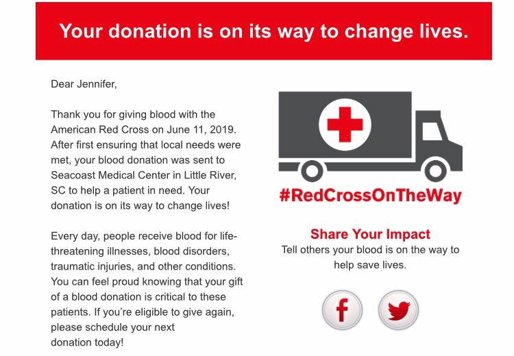 GARedCross's tweet image. Just shy of 1 month ago, our #GARedCross CEO @Jenpipa helped to launch the #RedCross #MissingTypes campaign, with her 4th gallon of donated blood. Now, her blood is on its way to help a patient in Little River, SC! 

Way to go Pipa! 

RedCrossBlood.org. #RedCrossOnTheWay
