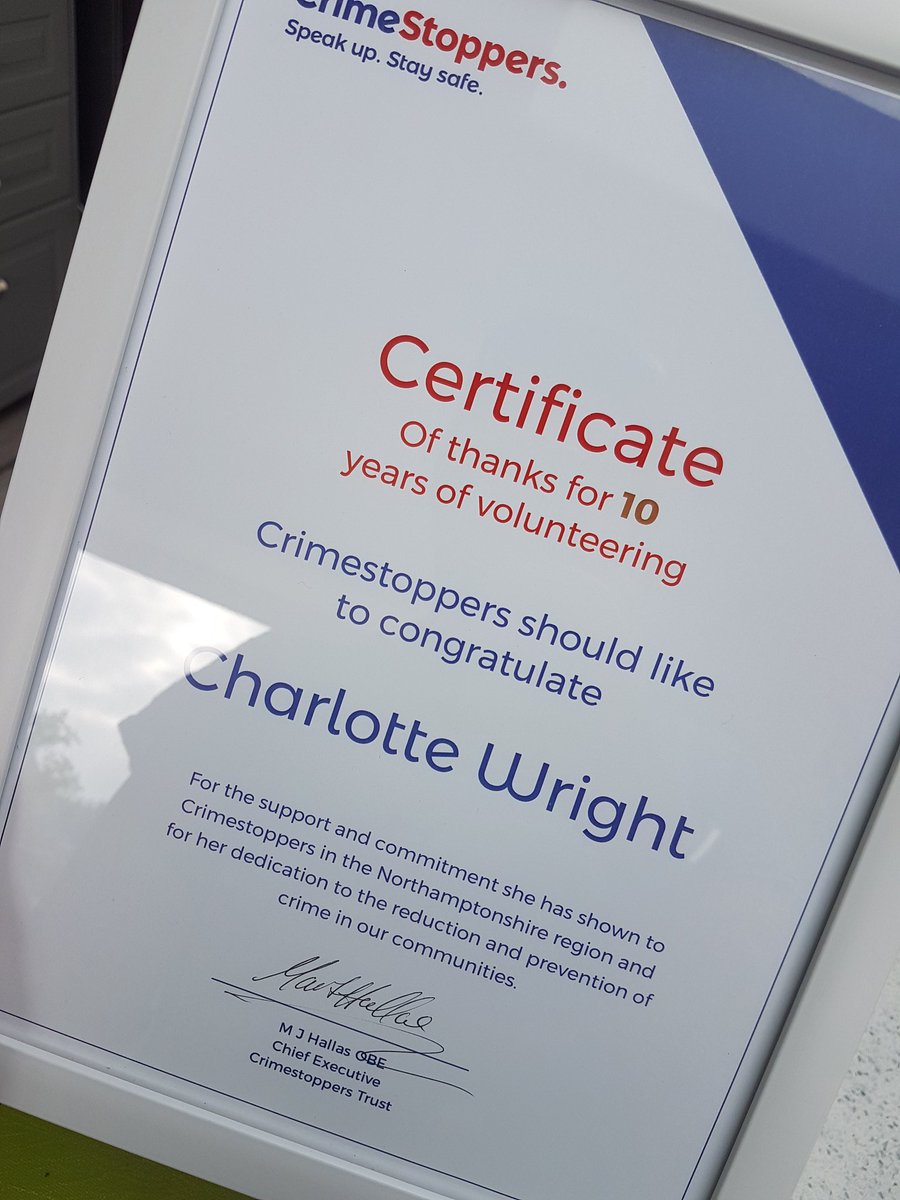 Thank you <a href="/CrimestoppersUK/">Crimestoppers</a> for my certificate -10 years of volunteering has gone fast!