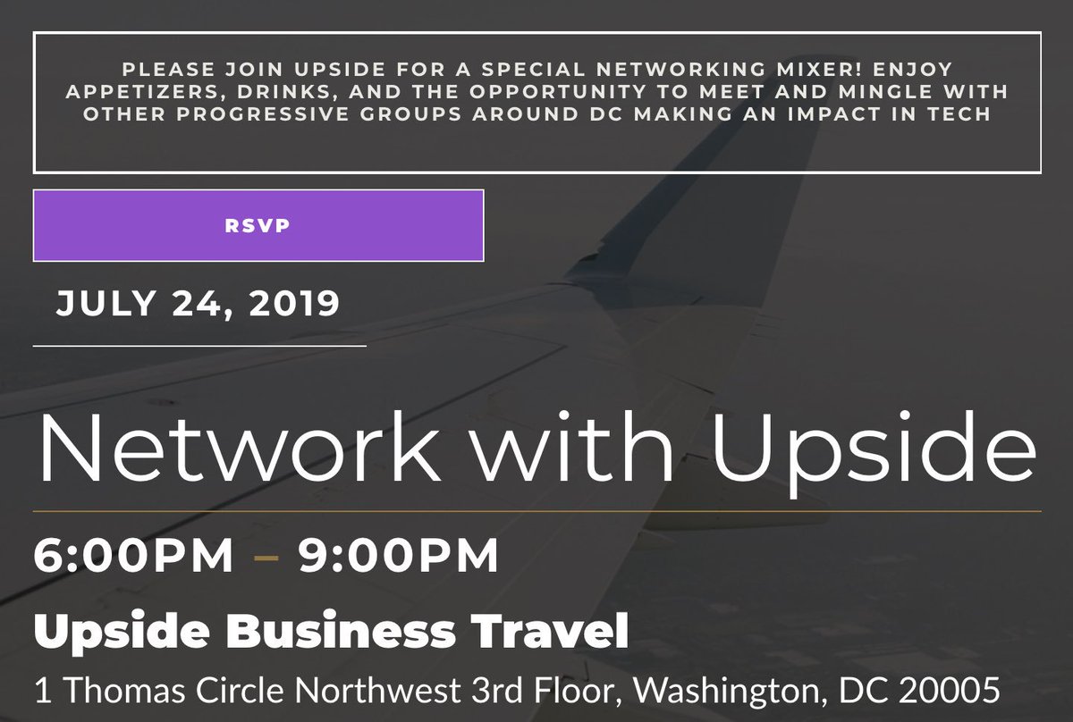 UpsideTravel's tweet photo. Clear your calendar on Wed, 7/24 from 6-9PM! 📅 We will be opening our DC office up to the #DCTech community for an exciting evening to #NetworkWithUpside, so be sure to RSVP: https://t.co/nC4eoTq0tC. https://t.co/PbbIVMUccS