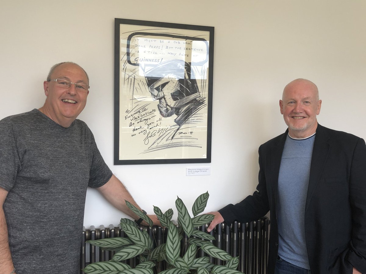 KaleidoscopeLpl's tweet photo. Had a lovely visit from our friend John Higgins @RazorJackRealm this afternoon, talking us through his amazing illustrations for #BeyondDreddandWatchmen and #Razorjack 👨‍🎨 We've even got our own personalised #JudgeDredd hanging in our reception! https://t.co/2khuqE3eb5