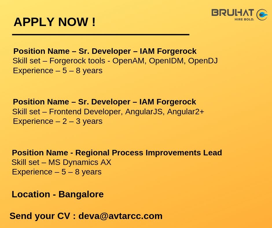 bruhatinsights's tweet photo. Hiring for #ForgeRock #OpenAM #OpenIDM #AngularJS #MSDynamicsAX for Bangalore location. 

Write to us with your resume!

#HIreBold @USidealRecruit https://t.co/fu1op9Sc0s